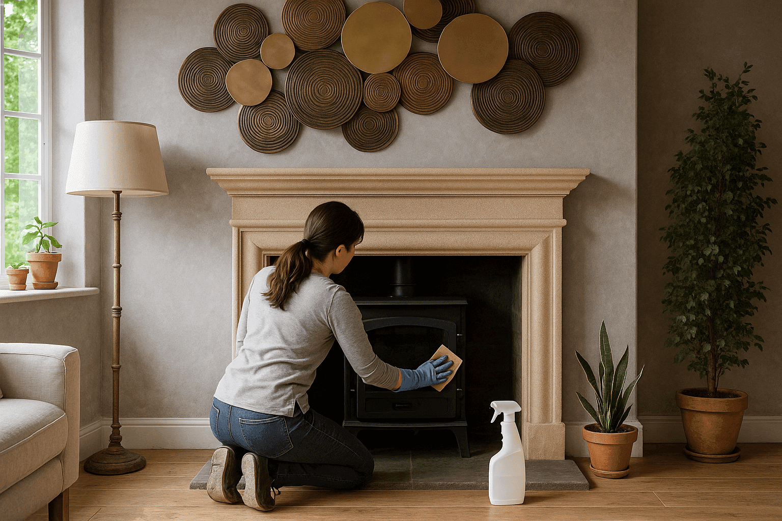 person cleaning a fireplace